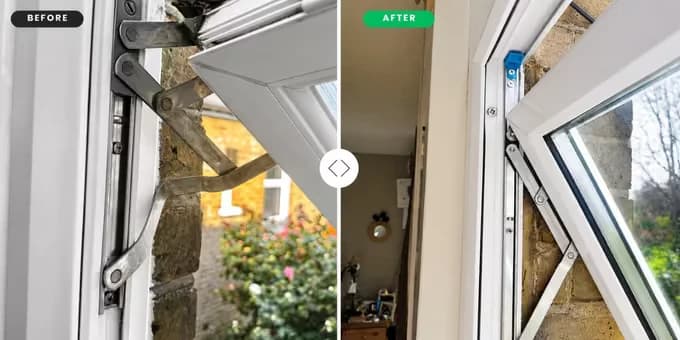 Before and after: bent window hinge replaced