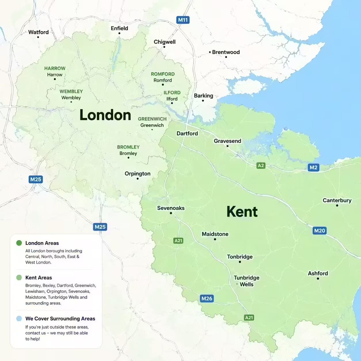 Map of the Window Fixers service area: every London borough plus Kent, including Dartford, Gravesend, Sevenoaks, Maidstone, Tunbridge Wells, Canterbury and Ashford