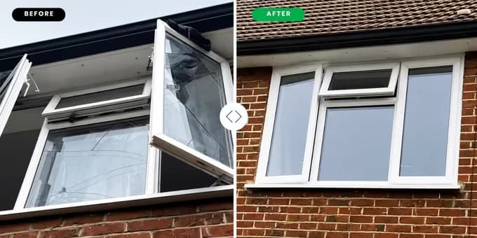 Before and after: smashed window panes replaced with new double-glazed units