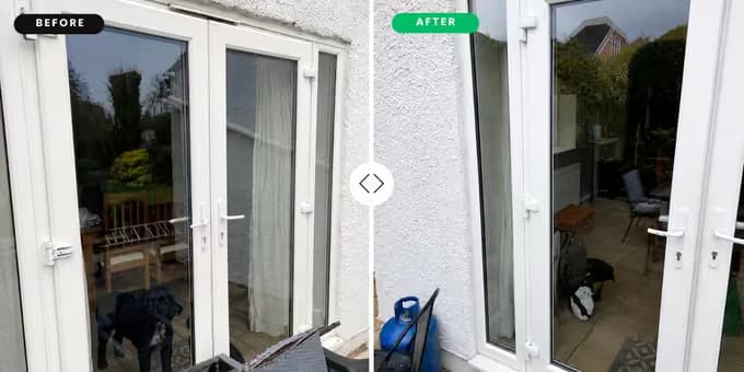 Before and after: flag hinges replaced on white uPVC French doors