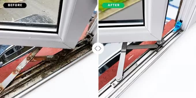 Before and after: rusted friction hinges replaced