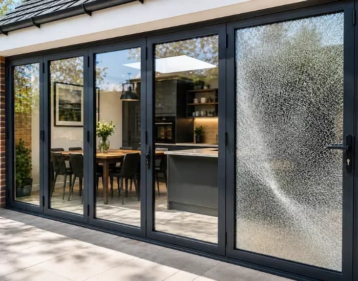 Dark aluminium bifold doors with a shattered glass panel