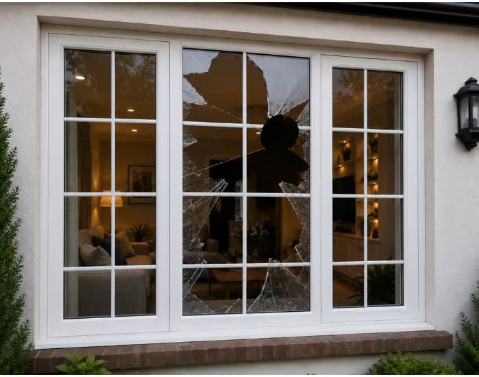 White uPVC Georgian-bar window with one smashed double-glazed pane