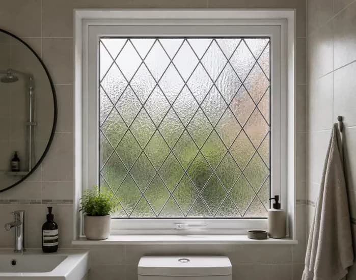 Bathroom window with diamond-patterned obscure glass
