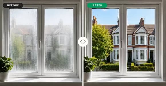 First-floor uPVC window with two replaced glass units in North London