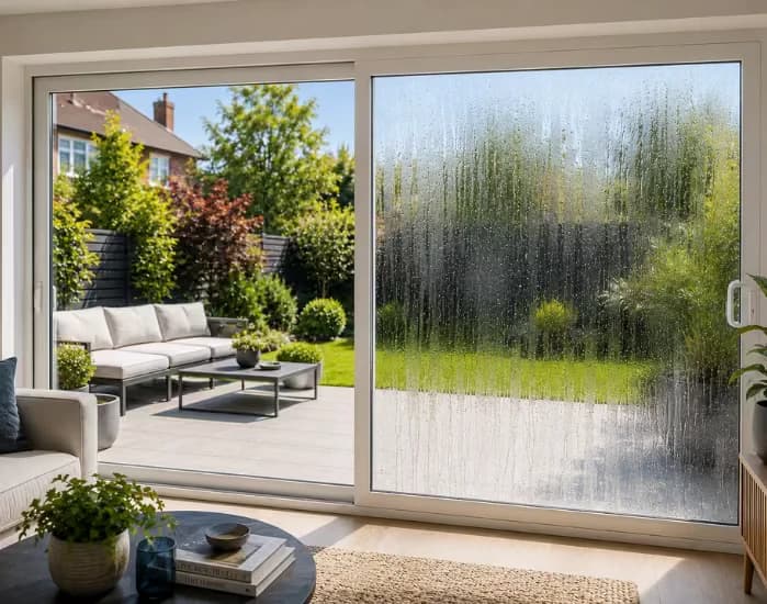 Misted double glazed glass in a uPVC sliding patio door