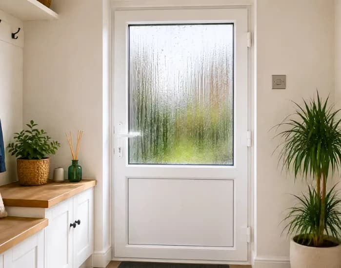 uPVC front door with a misted double glazed glass panel