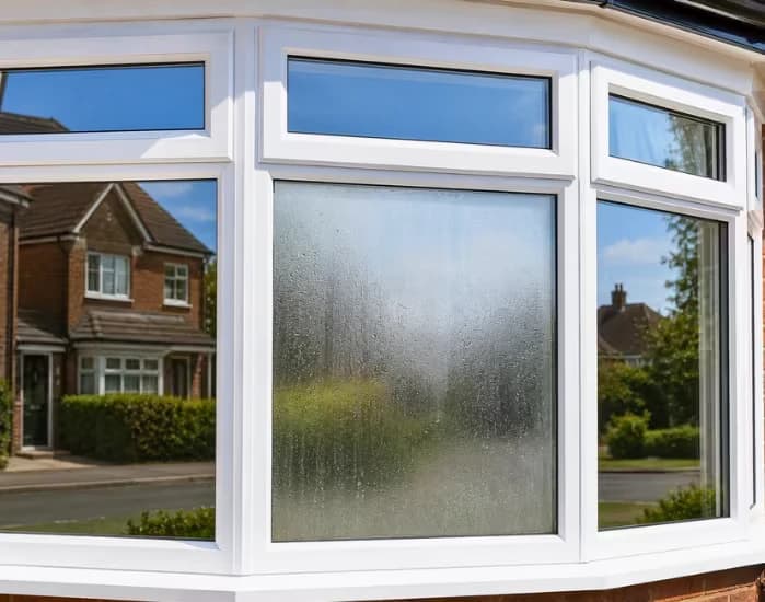 Condensation trapped between the panes of a double glazed window