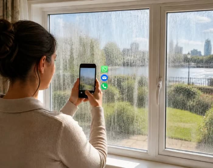 Customer sending a photo of a misted window on a phone