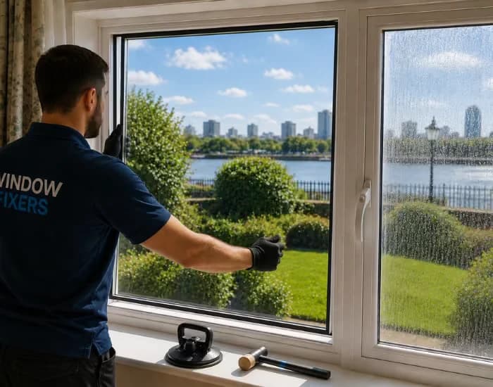 Technician fitting a new double glazed unit into a uPVC frame