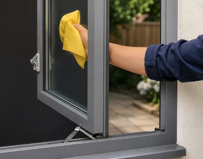 Cockspur handle and wedge on an older uPVC casement window
