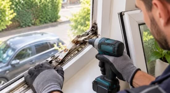 Engineer fitting a new locking mechanism to the edge of a uPVC window sash